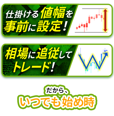 仕掛ける値幅を事前に設定&相場に追従して自動でトレードするから、いつでも始め時!